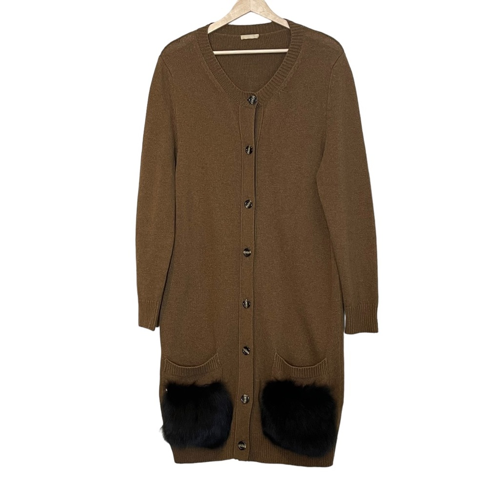 12 Storeez Womens Cashmere Blend Brown Long Cardigan Size M Pockets Faux Fur